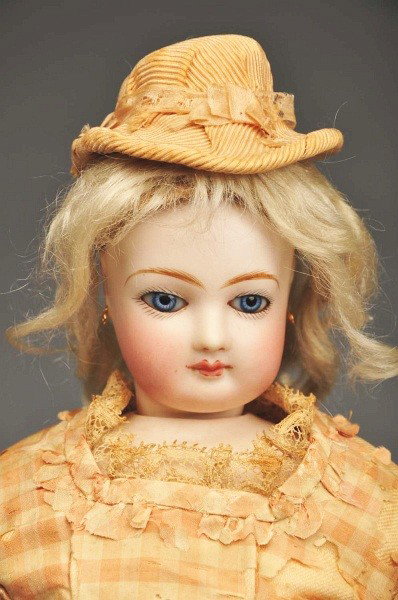 Beautiful French Bisque Jumeau Fashion Lady Doll.: Unmarked bisque socket head on shoulder plate, lovely face with feathered eyebrows, painted upper and lower eyelashes, black eyeliner, blue enameled glass eyes with threaded irises and darker outline 