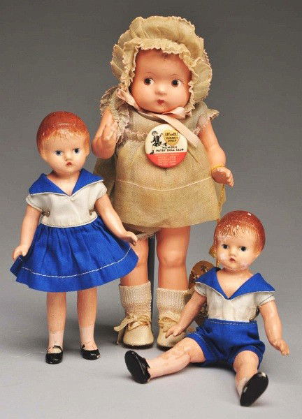 Lot of 3: Effanbee Composition Dolls.: All composition "Patsy Tinyette" toddler with molded and painted hair, painted eyes, factory original dress, undies, hat, shoes and socks, F & B gold paper wrist tag. "Wee Patsy" brother and sister tw