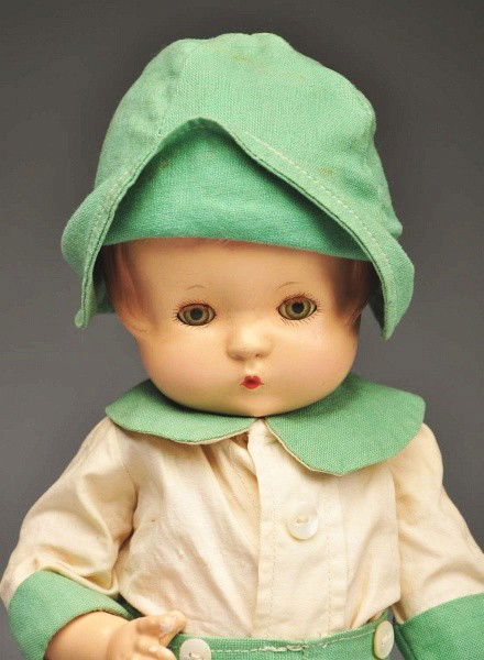 Rare Effanbee Composition "Patsy Brother".: All composition, fully marked "Patsy," molded brown hair, clear lashed green sleeping eyes, factory original green and white suit with matching hat, replaced socks, original shoes (wear on fingers). S