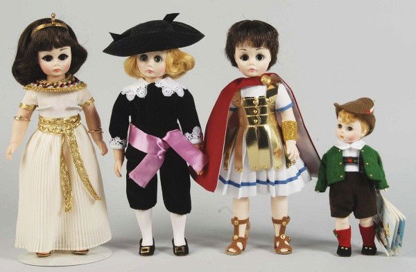 Lot of 4: Boxed Madame Alexander Dolls.: Lord Fauntleroy", "Cleopatra", "Marc Antony", and "Austria Boy". Along with an all-bisque kit doll and a pair of black boots. Size: Largest: 13" T.