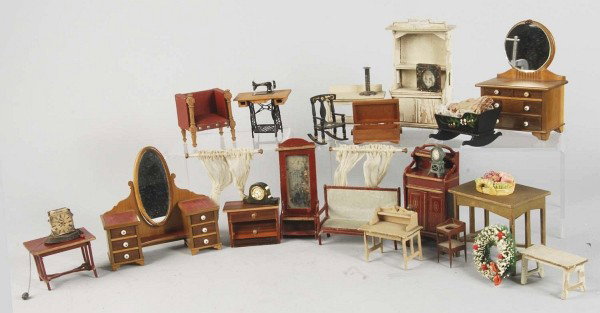 Box Lot of Doll House Furniture & Accessories.: Gottschalck red wood dining set, four white Gottschalck pieces; wood dresser and chest, chairs, two clocks, picture frame, cradle, bowl of fruit and Christmas wreaths. Mixed condition, furniture with 