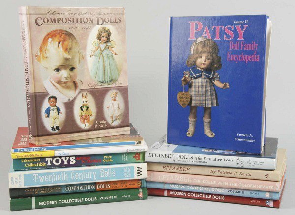 Large Lot of 30 Books on Collectible Dolls.: Including Effanbee Composition Dolls and Treasury of Mme Alexander Dolls by Jan Foulke; Collector's Encyclopedia of American Composition Dolls, 2 volumes by Mertz; Patsy Doll Encyclopedia, 2 volumes b