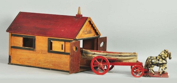 Very Nice Lot of Wood & Papier-Mâché Toys.: Turn of the century, painted wooden horse barn 25" x 15 ½" x 11 ½" with two set of doors and two windows with sliding covers for the horses; 2 papier-mâché horses on wood platforms with wheels (1 