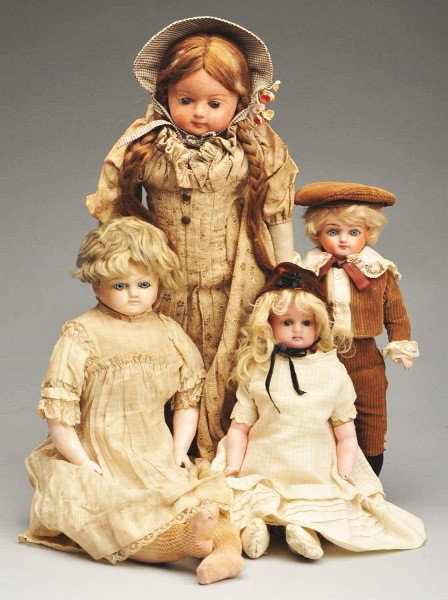 Lot of 4: Patent Washable and Wax German Dolls.: Sweet patent washable boy with inset light blue glass eyes, blonde mohair wig, cloth body with composition lower arms and legs, nicely redressed; Reinforced wax doll (cracks on face, fingers missing, 