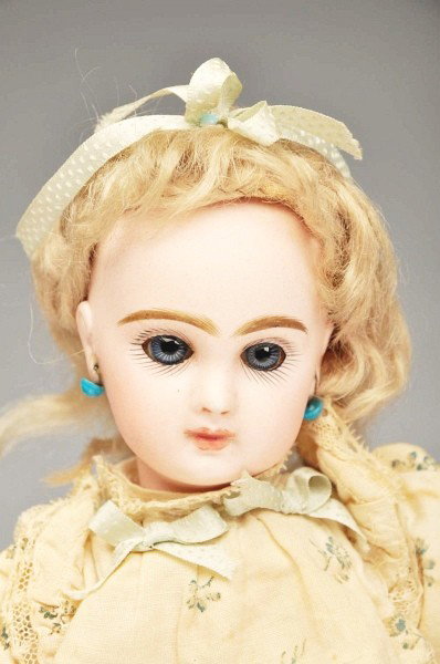 Darling Rare Size 1 Bisque Jumeau Bébé Doll.: French. Bisque socket head stamped in red Depose Tête Jumeau Bte SGDG 1 with Jumeau tick marks (tiny nose rub, speckling on forehead). Sweet face with dark multi-stroked eyebrows, painted upper and l