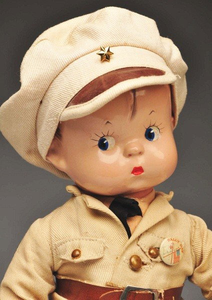 Cute Effanbee Composition "Skippy Soldier".: Composition and cloth with molded and painted shoes and stockings. Molded hair, blue painted side-glancing eyes, factory original Army uniform with belt and matching cap and "Rally Day" pin. With a bo