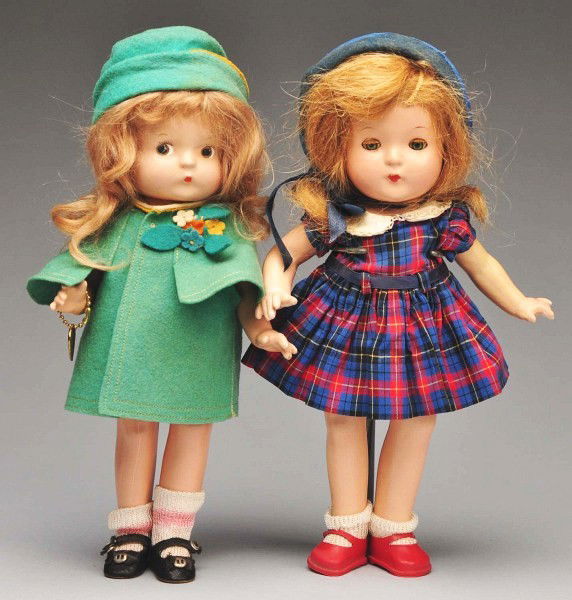Lot of 2: Effanbee Composition Dolls.: PatriciaKin" with clear lashed sleeping eyes and original human hair wig (light overall crazing, peeling on arms), factory original cotton plaid dress and felt hat, replaced undies, shoes and socks. "
