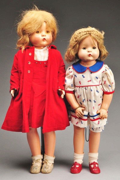 Lot of 2: Rare Effanbee Composition Dolls.: All composition marked "Patsy Ruth" or "Patricia Ruth," human hair wig with braids, clear lashed blue sleeping eyes, appropriately replaced clothing (overall soil and scuffing to composition), metal F
