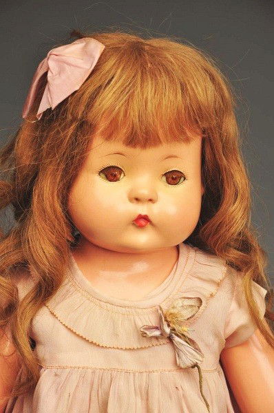 Rare Effanbee Composition "Patricia Ruth".: All composition with Patsy Ruth head on slimmer and taller compo body, original human hair wig, lashed brown sleeping eyes (cloudy), factory original silk dress (soil and wear), matching undies, shoes