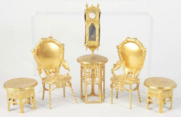 Lot of 6 Ormolu Doll House Furniture Pieces.: Three Art Deco tables, two fancy chairs, and small wall clock. Size: Chair: 3 - 1/2" T.