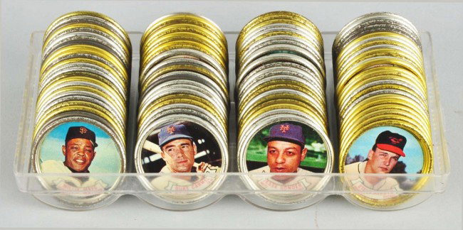Lot of Approx. 100: Topps 1964 Baseball Coins.: Coins are made of tin with pictures of the players on one side and statistics on the other. Consists of commons, minor stars, and Hall-of-Famers including Willie Mays, Sandy Koufax, Frank Robinson, Mi