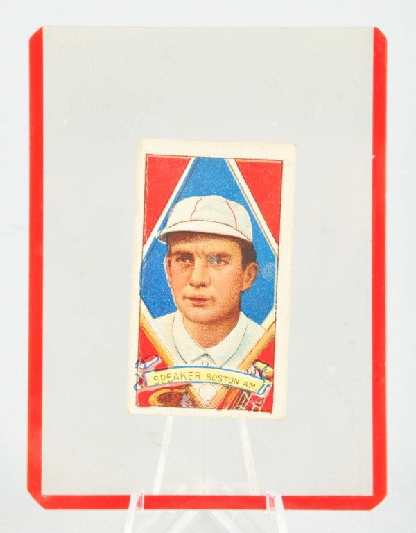T-205 Tris Speaker Baseball Card.: Circa 1912. White border on front reads "Speaker Boston AM.". On the back there is an advertisement for Hassan Cork Tip Cigarettes along with baseball statistics for Tris. Fresh and ungraded card. Off