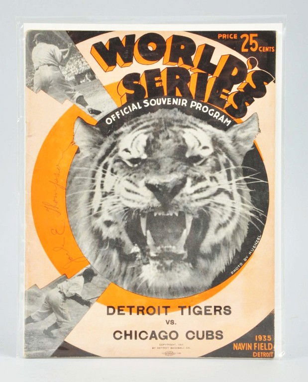 1935 Tigers-Cubs World Series Program.: This 1935 World Series Program is scored. The pages are rippled from exposure to moisture. The former owner's name is written in pencil on the cover. Still a great early World Series program that woul