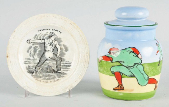Early Baseball Player's Humidor & Alphabet Plate.: Humidor is marked "Austria" on bottom with "MZ" eagle mark and "1134". Original lid. Shows motif of baseball pitcher and outfielder. Very little wear overall. Also includes American Sports Baseball Pi