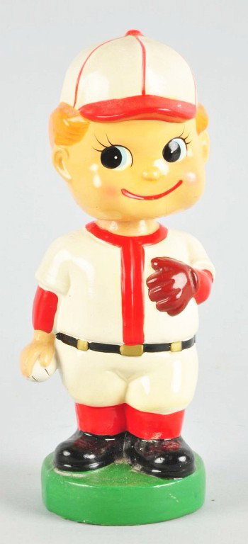 Large Baseball Pitcher Bank Bobbing Head Doll.: Marked "Japan" on bottom. Scarce bank in unusually large size. Original rubber trap. Shows pitcher with glove on left hand and ready to throw ball in right hand. Some line cracking through head but ov