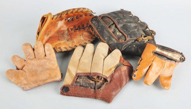 Lot of 5: Vintage Baseball Gloves.: Includes one circa 1950s Ted "Big Klu" Klusezewski, one generic adult glove, and three children's gloves (one marked "Winfield"). Condition: (Very Good).