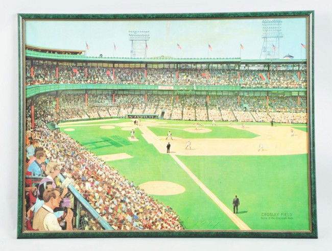 Large Vintage Print of Crosley Field.: Circa 1950s. Home of the Cincinnati Reds. Marked "Burger Network" in the middle of one of the stands. Frame does not appear to be original. Some paper loss and wear to top. Size: Framed: 30 - 1/4" x 3