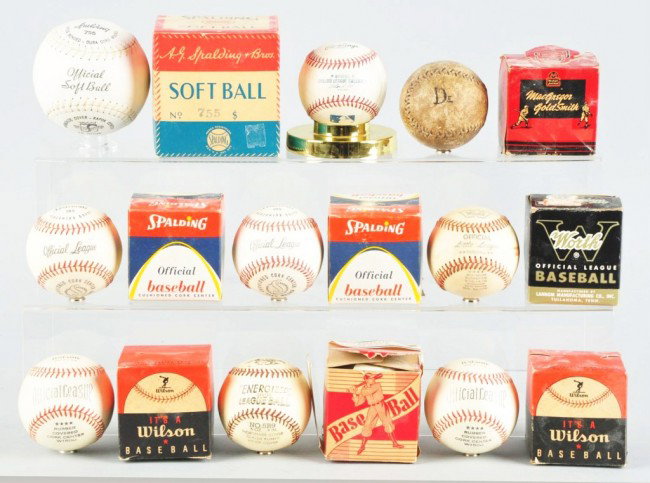 Lot of 9 Vintage Baseballs & 8 Original Boxes.: Includes one Spalding Softball with original box and one MacGregor Goldsmith box only (no ball). Balls that have their original boxes include two Spalding Official League, one Energized Center League,