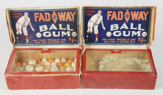 Lot of 2: Fadeway Ball Gum Display Boxes.: When opened, boxes show portraits of early baseball pitcher. One is still full of the original baseball-shaped gum balls. Some creasing, tearing, and wear overall. Size: Each: 7 - 3/4" x 4 - 3/4". Con