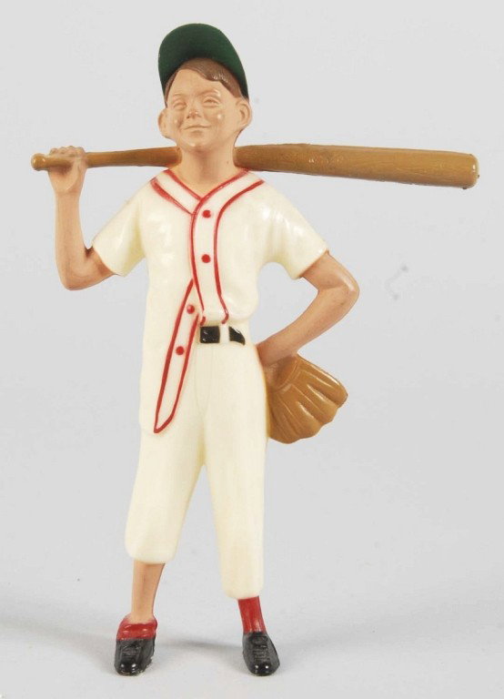Plastic Hartland Bat Boy Baseball Figure.: Red pinstripe variation. Marked "Hartland Plastics Inc." on rear. Slightly off white. Size: 6" T. Condition: (Excellent).