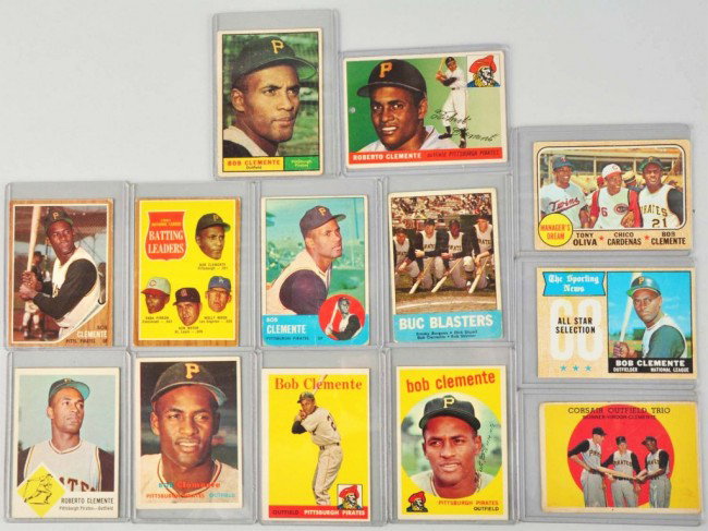 Lot of 13: Roberto Clemente Baseball Cards.: Includes 1955 Rookie card with nice coloring but some wear on corner and one punch hole on left side. Also includes 1957, 1958, 1959, 1961, 1962, two 1963s (one is Fleer), and four other cards. Condit