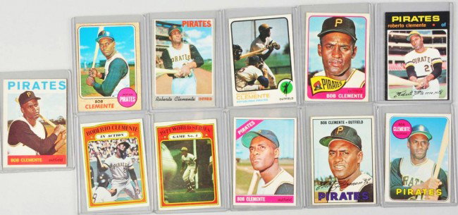Lot of 11: Topps Roberto Clemente Baseball Cards.: Includes cards from 1964 through 1973. Fresh and ungraded. The 1965 and 1966 cards are the nicest cards in the lot and good submissions for grading. Condition: (Very Good).