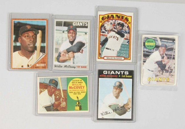 Lot of 6: Topps Willie McCovey Baseball Cards.: Includes 1960 Rookie card (with line flaw through photograph), 1962 short print card (beautifully centered), 1969, 1970, 1971, and 1972 (unusually nice and centered with crisp corners). Condition: (Ve