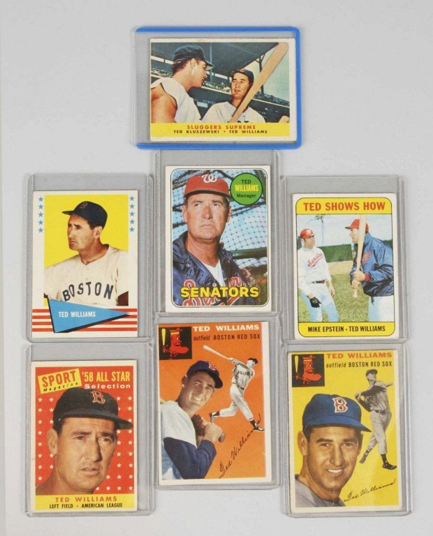Lot of 7: Ted Williams Baseball Cards.: Includes Topps 1964 no. 1 and no. 250 cards, Topps 1958 All Star Selection card, Topps 1969, Fleer 1961 Baseball Greats no. 152, and two others. Card no. 250 has a three-inch crease to left corner car