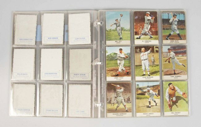Lot of 47 Topps 1969 Deckle Insert Baseball Cards: Includes no. 21 Pete Rose, no. 27 Roberto Clemente, and no. 33 Willie Mays (last card in set). Also includes 16 Hall of Fame cards with Jimmie Foxx, no. 3 Babe Ruth, and others. Condition: (Very Good