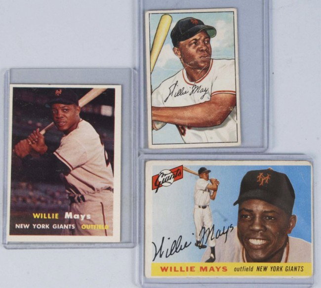 Lot of 3: Vintage Willie Mays Baseball Cards.: Includes Topps 1957 no. 10, Topps 1956 no. 194, and Bowman 1952 with some creasing across middle. Topps cards have nice coloring with some edge wear and off-centering. Condition: (Very Good).