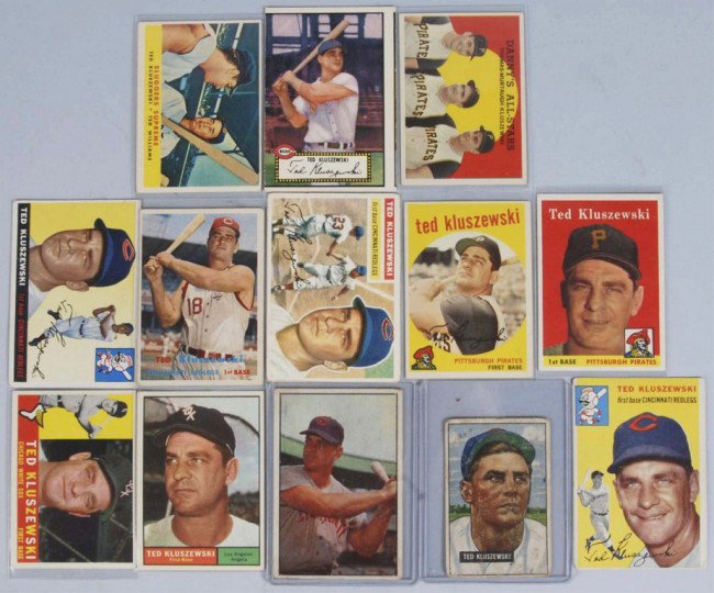 Lot of 13: Ted Kluszewski Baseball Cards.: Includes Bowman 1951 no. 43, Bowman 1954 no. 62, and Topps 1952, 1954, 1955. 1956, 1957, 1958, 1959, 1960, 1961, and two others. The 1960 and 1961 cards are in the best condition with nice centering a