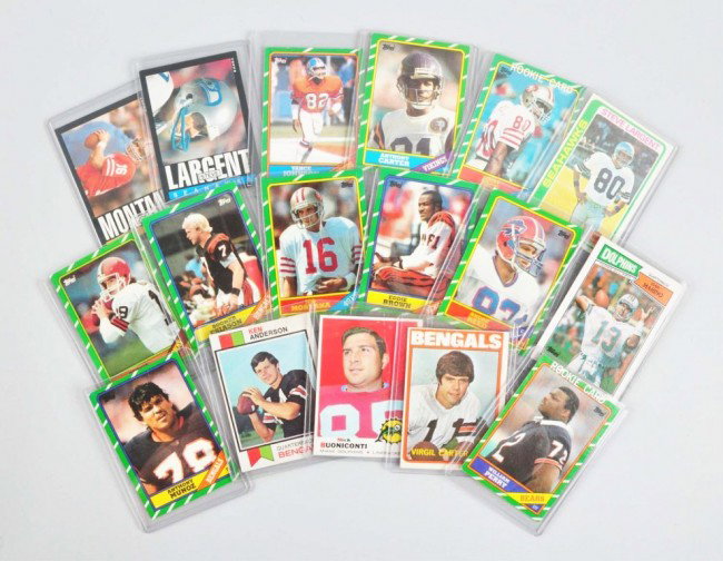 Lot of 17: Topps Football Cards.: Mostly 1986. Includes no. 161 Jerry Rice Rookie card (nicely centered with some gum staining on back), Bernie Kosar Rookie card, and William Perry Rookie card. Also includes some minor stars and Hall-