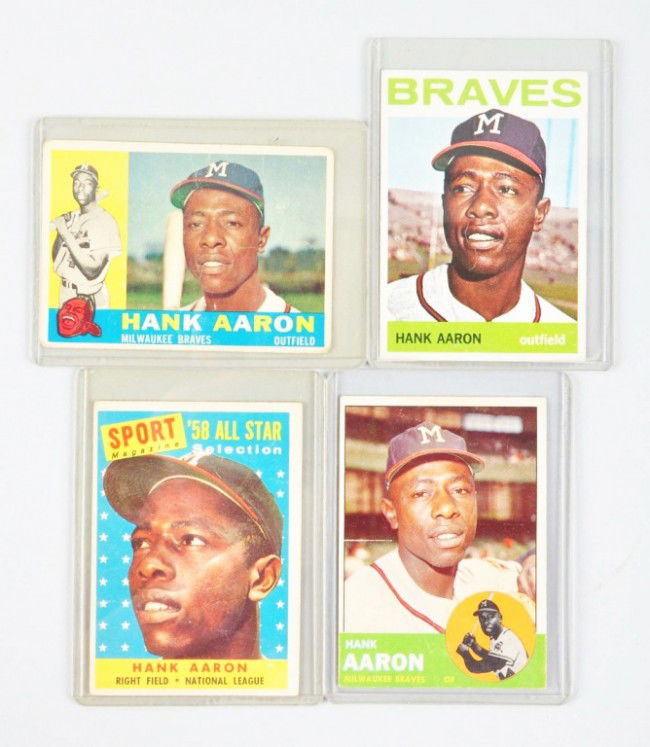 Lot of 4: Topps Hank Aaron Baseball Cards.: Includes 1958, 1960, 1963, and 1964. The 1964 is nicely centered but has damage on corners. Condition: (Very Good).