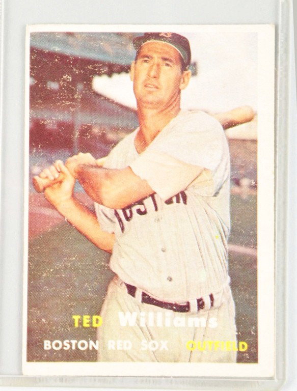 Topps 1957 Ted Williams Baseball Card.: No. 1 in a series of 407. Fresh and ungraded. Fairly nice centering from top to bottom but off center from right to left. One small crease in upper left corner. Condition: (Very Good).