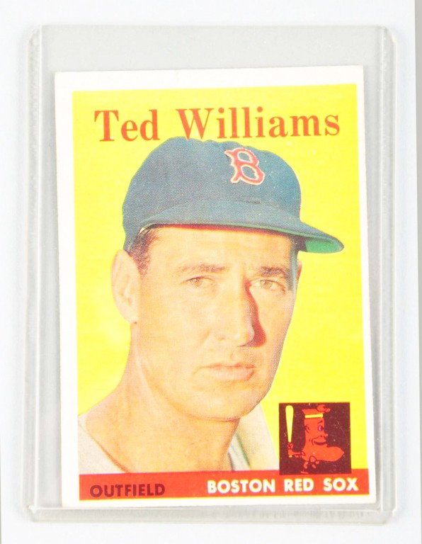 Topps 1958 Ted Williams Baseball Card.: No. 1 of a set of 494. Fresh and ungraded. Card is slightly off center from left to right and off center from top to bottom. Some slight dog-earing on all four corners. Condition: (Very Good).