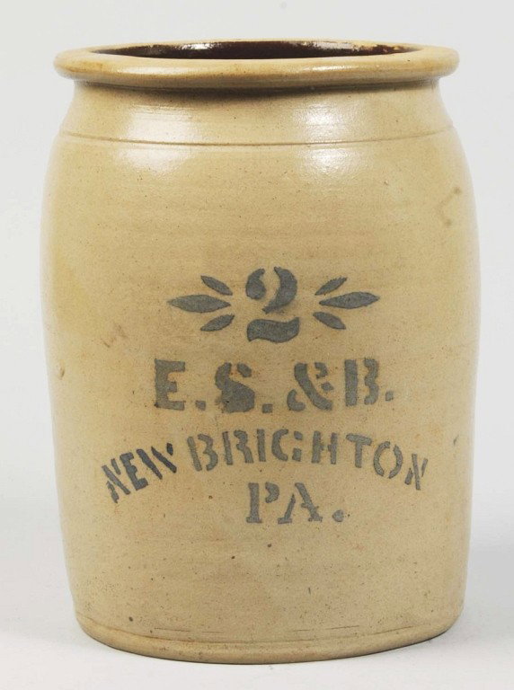 Stoneware 2 Gallon New Brighton, PA Piece.: Marked "ES & B". No chips, cracks, or repairs. Size: 11 - 1/2" T. Condition: (Excellent).