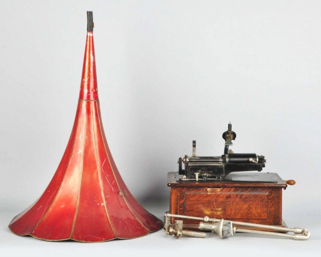 Edison Phonograph with Morning Glory Horn.: Model no. 50194. Works well. Missing top lid. Condition: (Excellent).