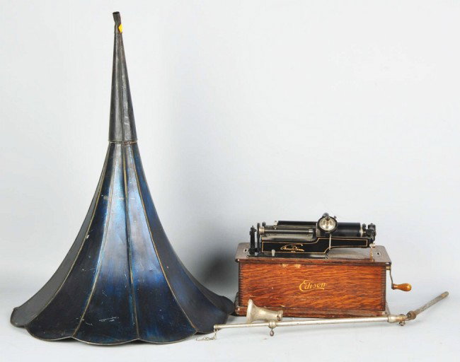Edison Phonograph with Black Morning Glory Horn.: Serial no. 277357. Plays well. Missing top lid. Condition: (Excellent).