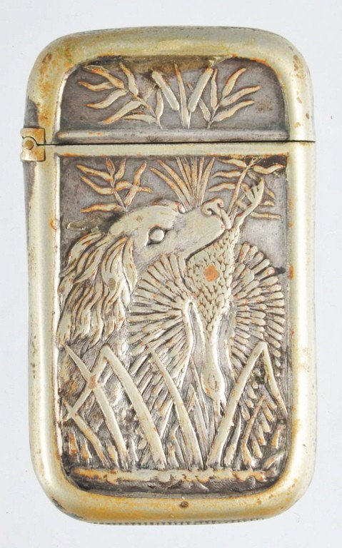 Pairpoint Hunting Dog with Bird Match Safe.: 2 - 5/8" T. Condition: (Excellent).