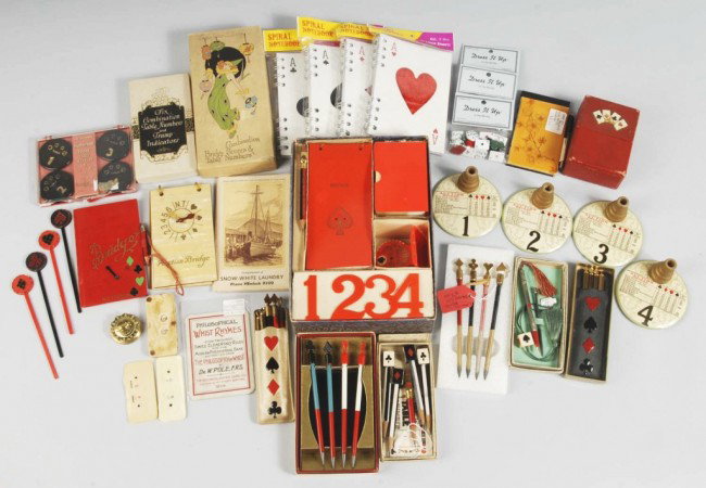 Large Lot of 35+ Bridge & Card Related Items.: Includes notebooks, score cards, pencils and pencil holders, dice, and other card playing paraphernalia. Size: Largest Box: 9" x 6 - 1/2". Condition: (Excellent).