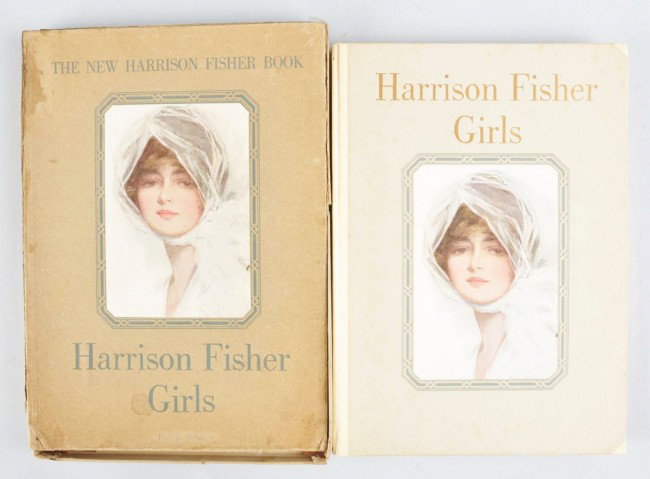1914 Harrison Fisher Girls Art Book with Gift Box: This Harrison Fisher book contains 12 color images. It is a first edition published by Dodd, Mead. There is very minor foxing to the cover and the gift box has several missing or partial side panels. 