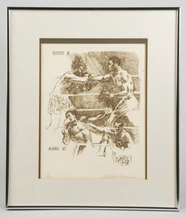 Leroy Neiman Ali vs. Frazier Suite Etching: Framed under glass. Signed "Leroy Neiman". Limited print of 110/150. Depicts rounds X and XI. Size: Framed: 21 - 1/4" x 18 - 1/4". Condition: (Excellent). CORRECTION – Title: Leroy Neiman Ali vs. Fr