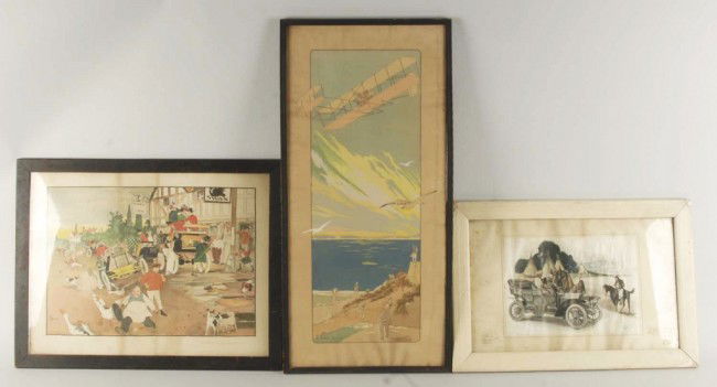 Lot of 3: Framed Vehicle Related Prints.: Circa 1915. Includes one titled "The Meet at the Black Swan" depicting automobile scene marked "Copyright 1901 Stewart Travis", one titled "Invading the West in an Oldsmobile" depicting men driving Ol