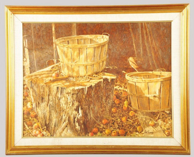 Oil on Board Painting by Robert Saroony.: Framed and matted. Depicts a fall scene with bushel baskets and apples on tree stump. Size: Framed: 29 - 1/2" x 36 - 1/4". Condition: (Excellent).
