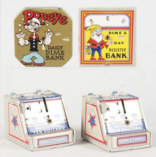 Lot of 4: Tin Dime Banks.: Includes one Popeye, one elf, and two registering banks. Size: Largest: 2 - 1/2" x 2 - 1/2". Condition: (Excellent Plus).