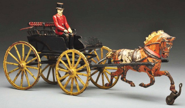 Cast Iron 2-Seat Surrey Horse-Drawn Toy.: American. Made by Pratt and Letchworth. Driver is correct but is recast. Dashboard has some bending. Size: 15 - 1/2" L. Condition: (Very Good).