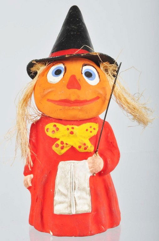 Paper Mache Halloween Witch Candy Container.: All original. No damage. Size: 4 - 5/8" T. Condition: (Excellent).