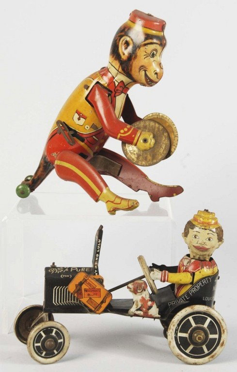 Lot of 2: Tin Litho Marx Character Wind-Up Toys.: American. Working. Includes one College Whoopee Car with original dog and suitcase but missing celluloid windshield. Also includes one Cymbal Playing Monkey. Both toys have some overall scratching and