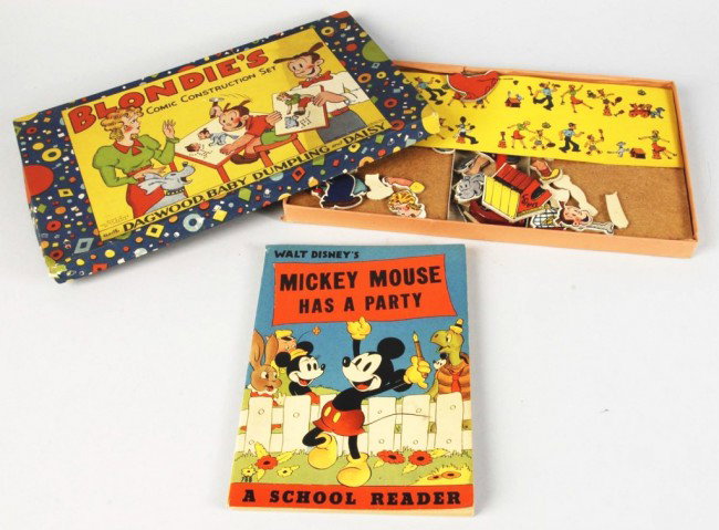 Lot of 2: Mickey Mouse & Blondie Character Items.: American. Circa 1930s. Includes Blondie's Comic Construction Set with Dagwood, Baby Dumpling, and Daisy. Marked "King Features Syndicate" and comes with original box. Also includes Walt Disney Mickey 