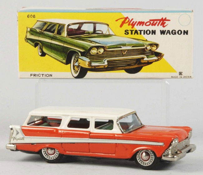 Tin Litho Plymouth Station Wagon Friction Toy.: Japanese. 1959. Working. Made by Bandai. Unusual color combination. Slight split to celluloid windshield. Includes original box with tissue paper. Old store stock. Size: 8" L. Condition: (Excellent).